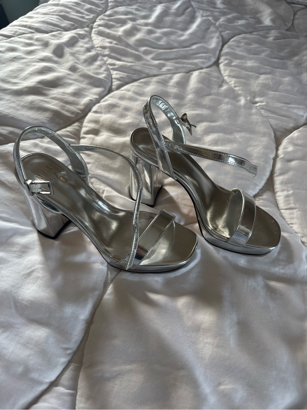 Silver Block Heel Strappy Sandals - Women